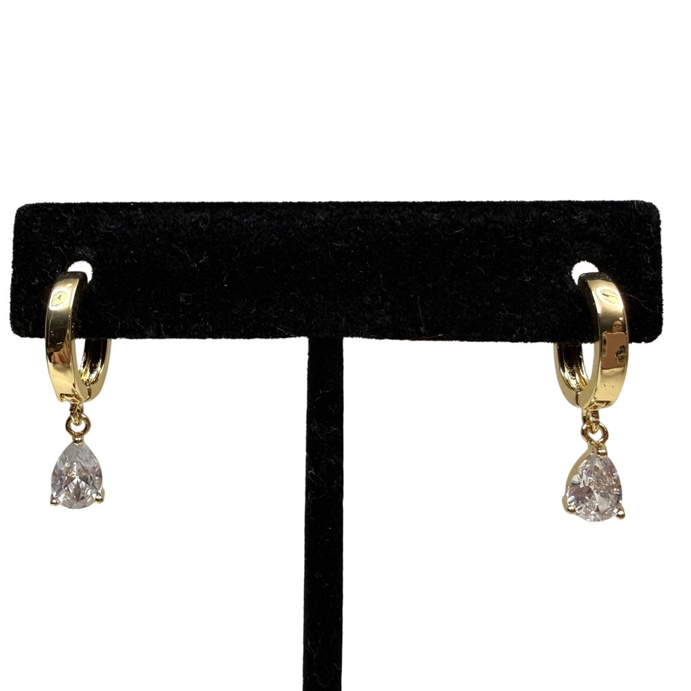 Gold Tone Teardrop Cubic Zirconia Stone Hoop Earrings Dangle Drop Jewelry 1 in